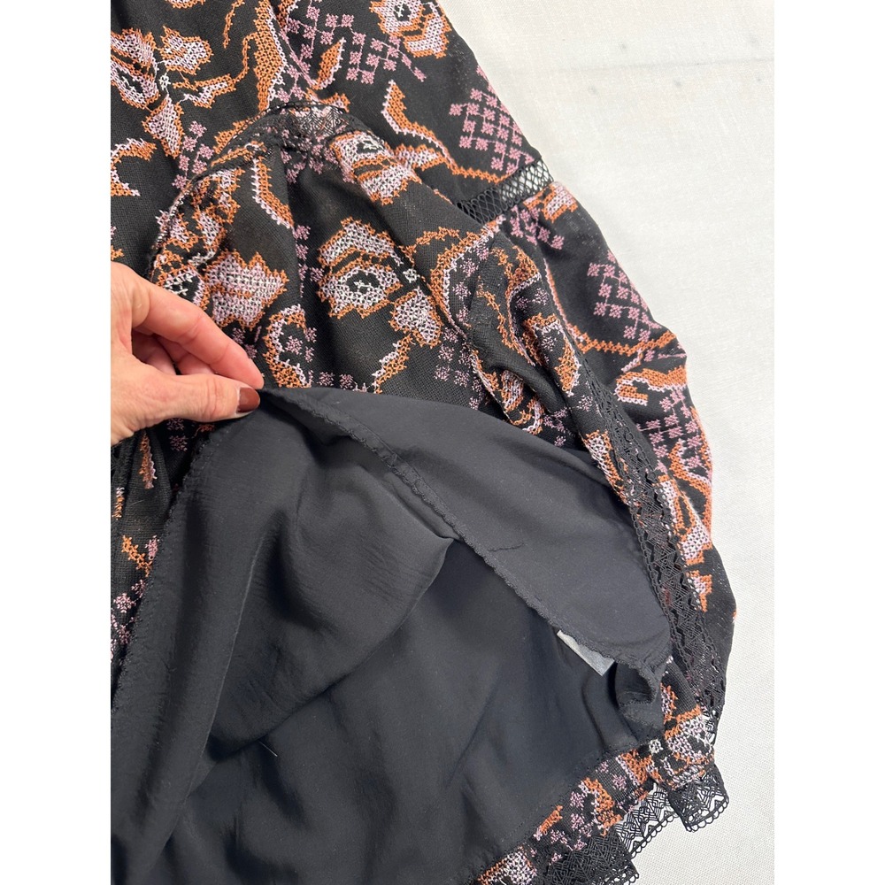 Anthropologie Embroidered Cross Stitch Floral Midi Dress Black Small Lace Trim - Picture 5 of 14